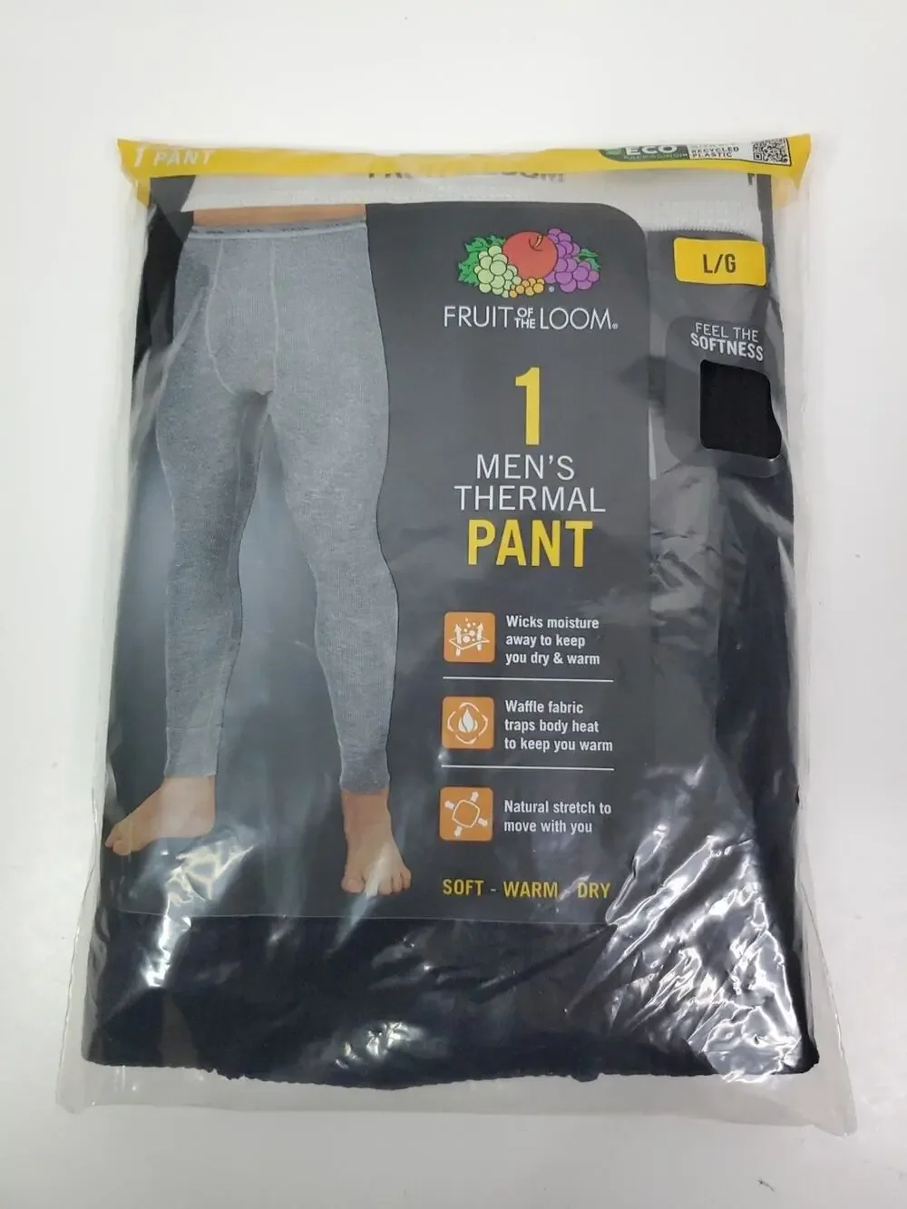 New Fruit Of The Loom 1 Men’s Thermal Black Pants Size L base layer